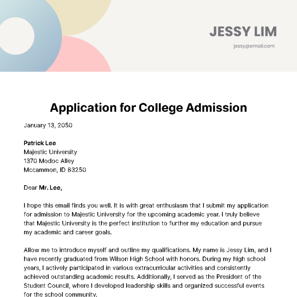 Free Application Letter for College Admission  Template