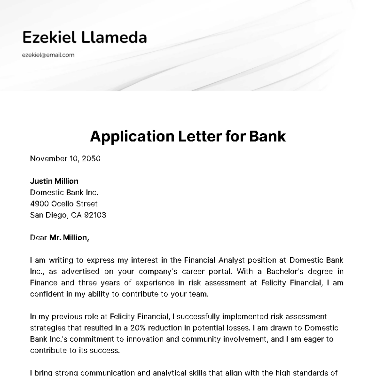 Free Appplication Letter for Bank  Template