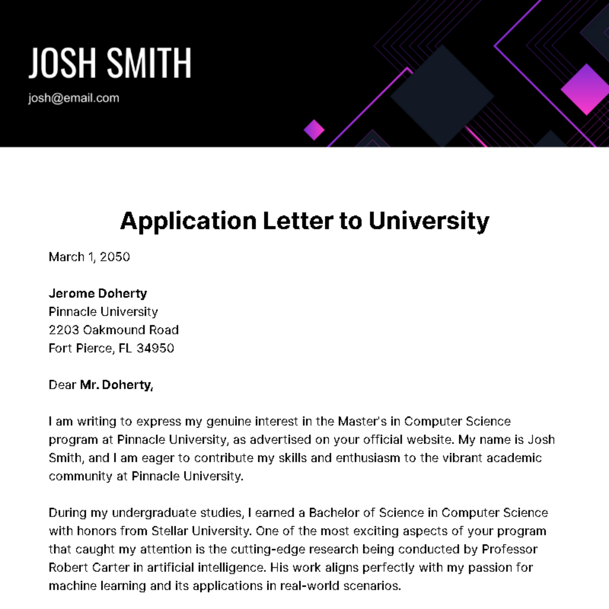 Free Application Letter to University  Template