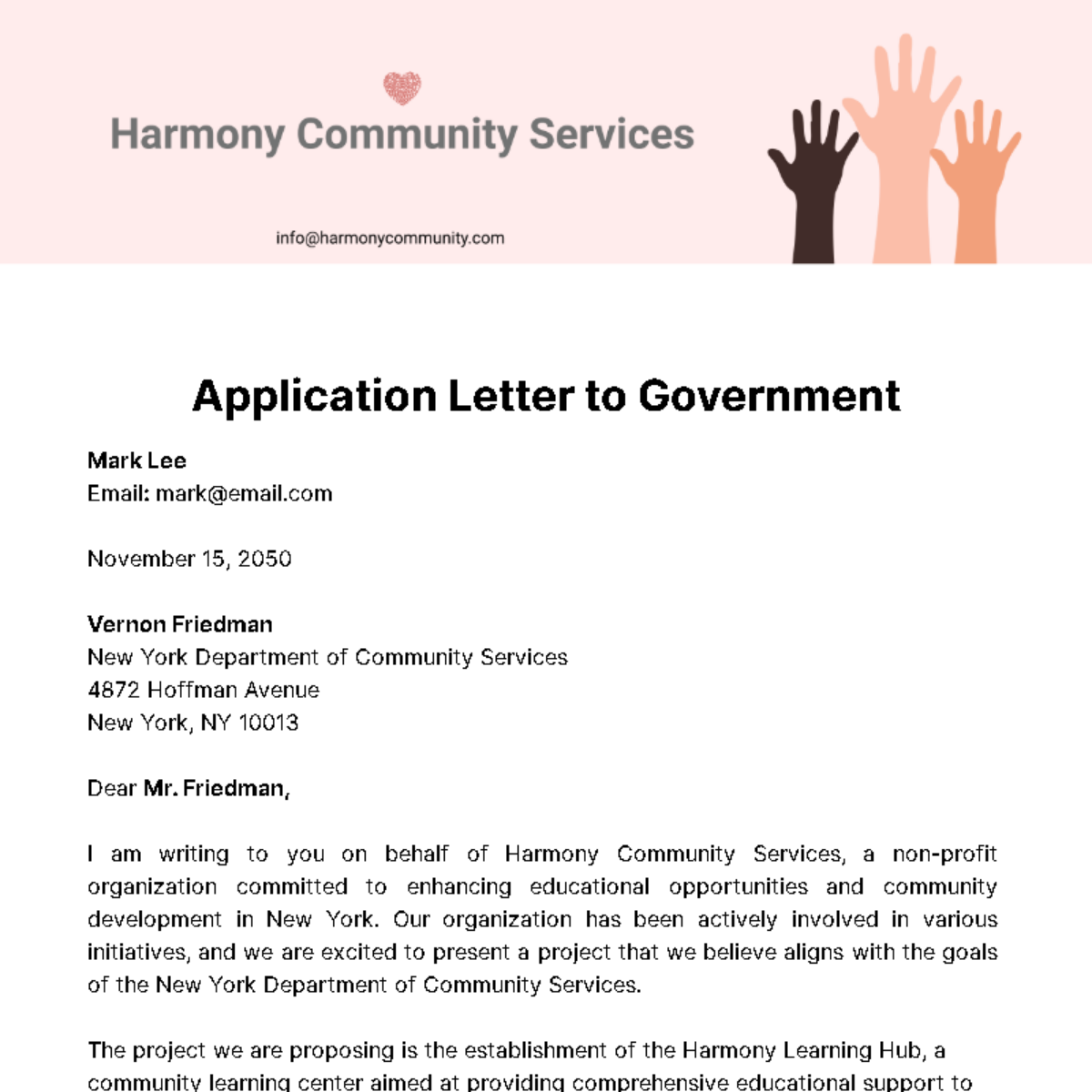 Free Application Letter to Government  Template