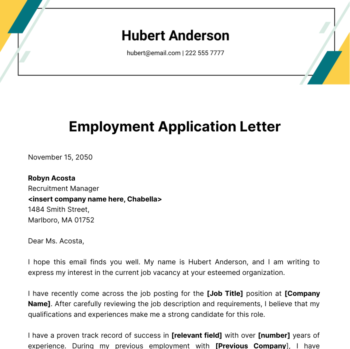 Free Employment Application Letter  Template