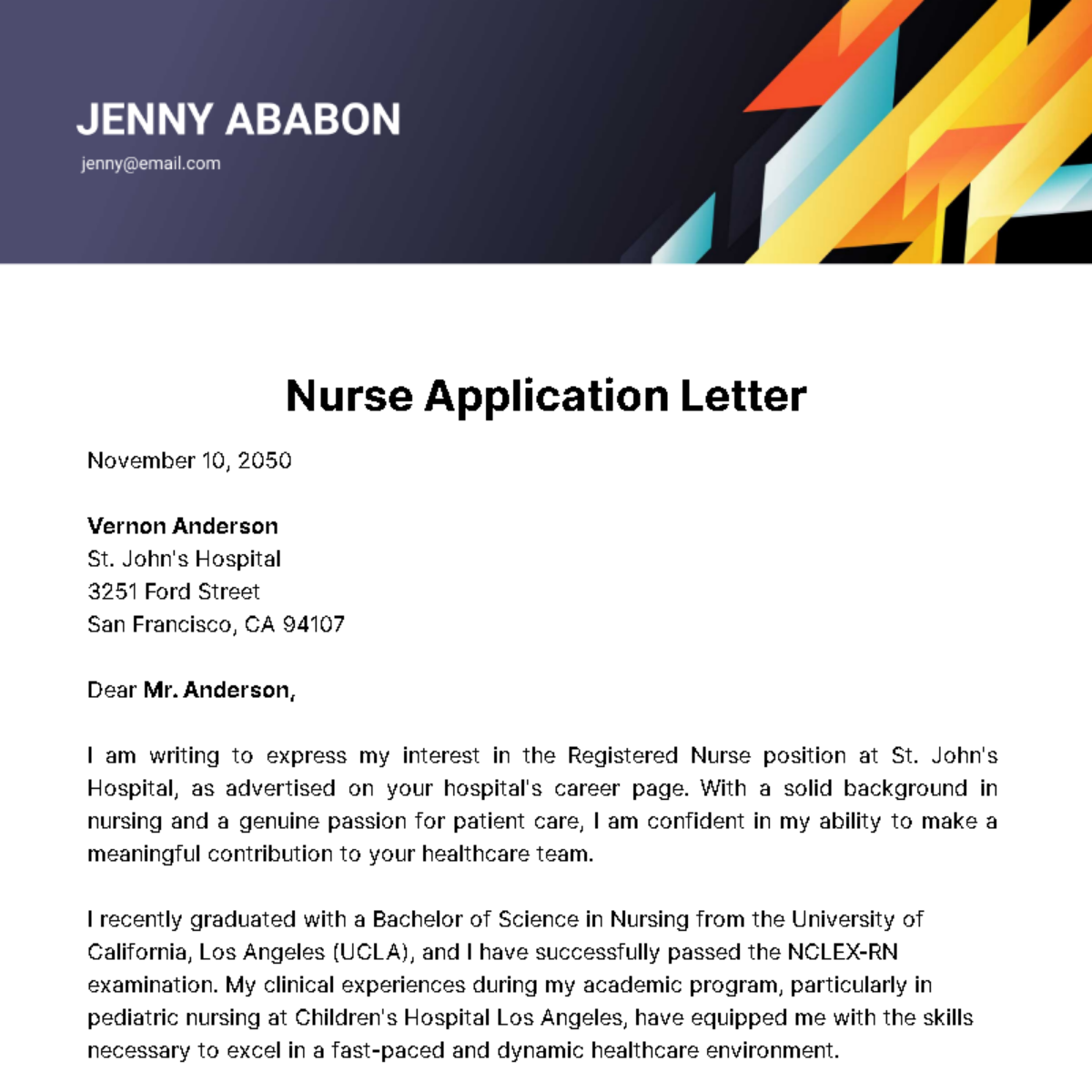 Free Nurse Application Letter  Template