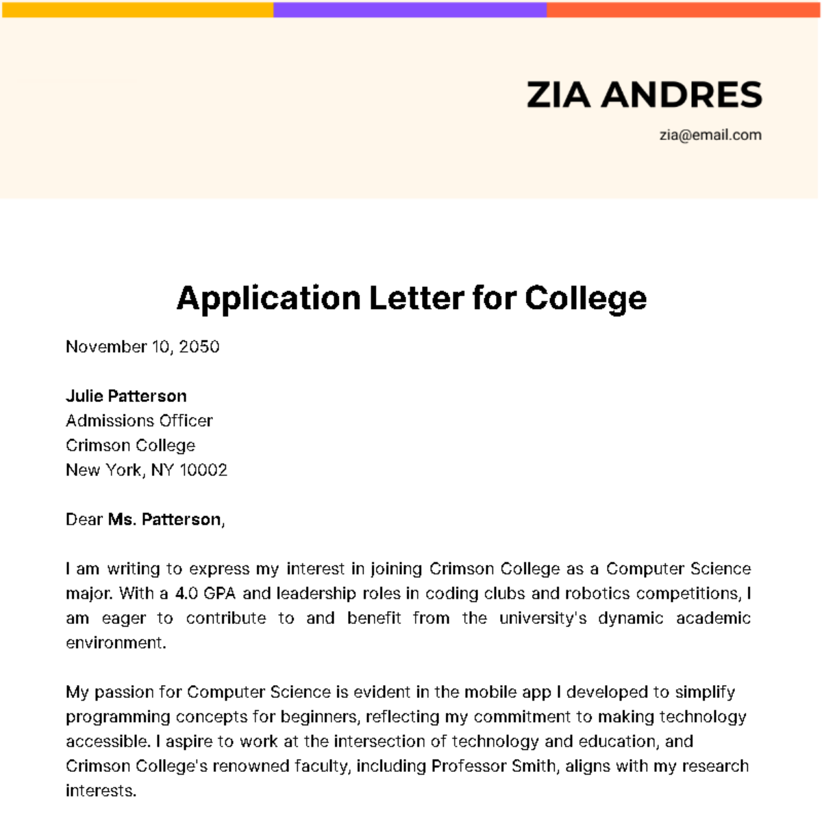 Free Application Letter for College  Template