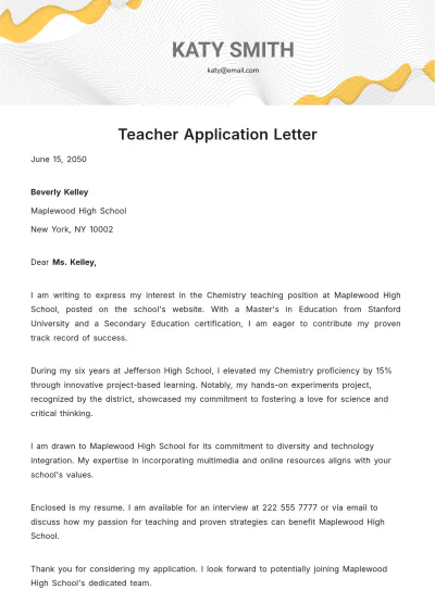 Free Teacher Application Letter  Template to Edit Online