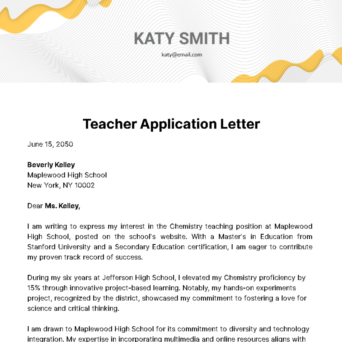 Free Teacher Application Letter  Template