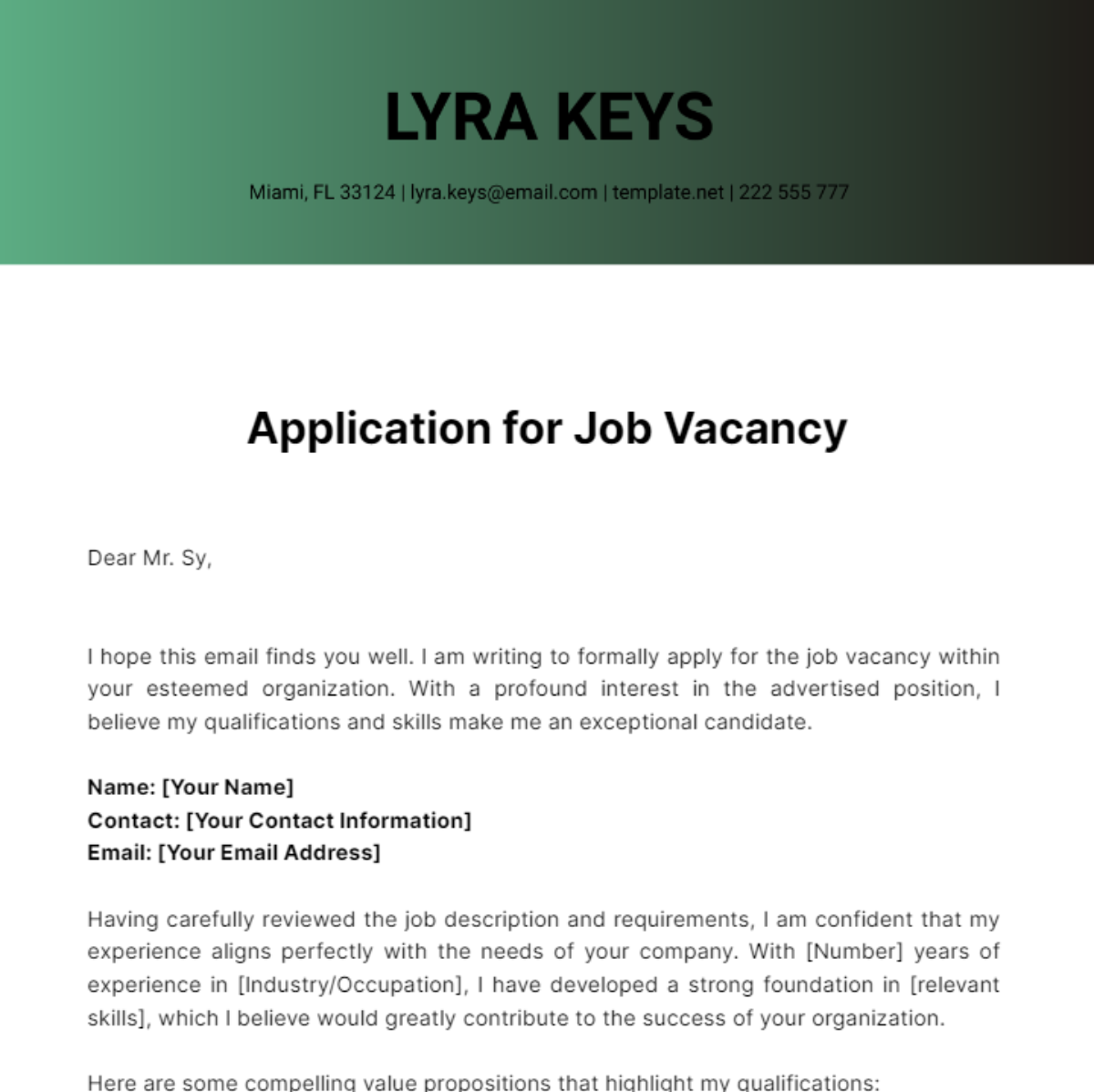 Application Letter for Job Vacancy  Template
