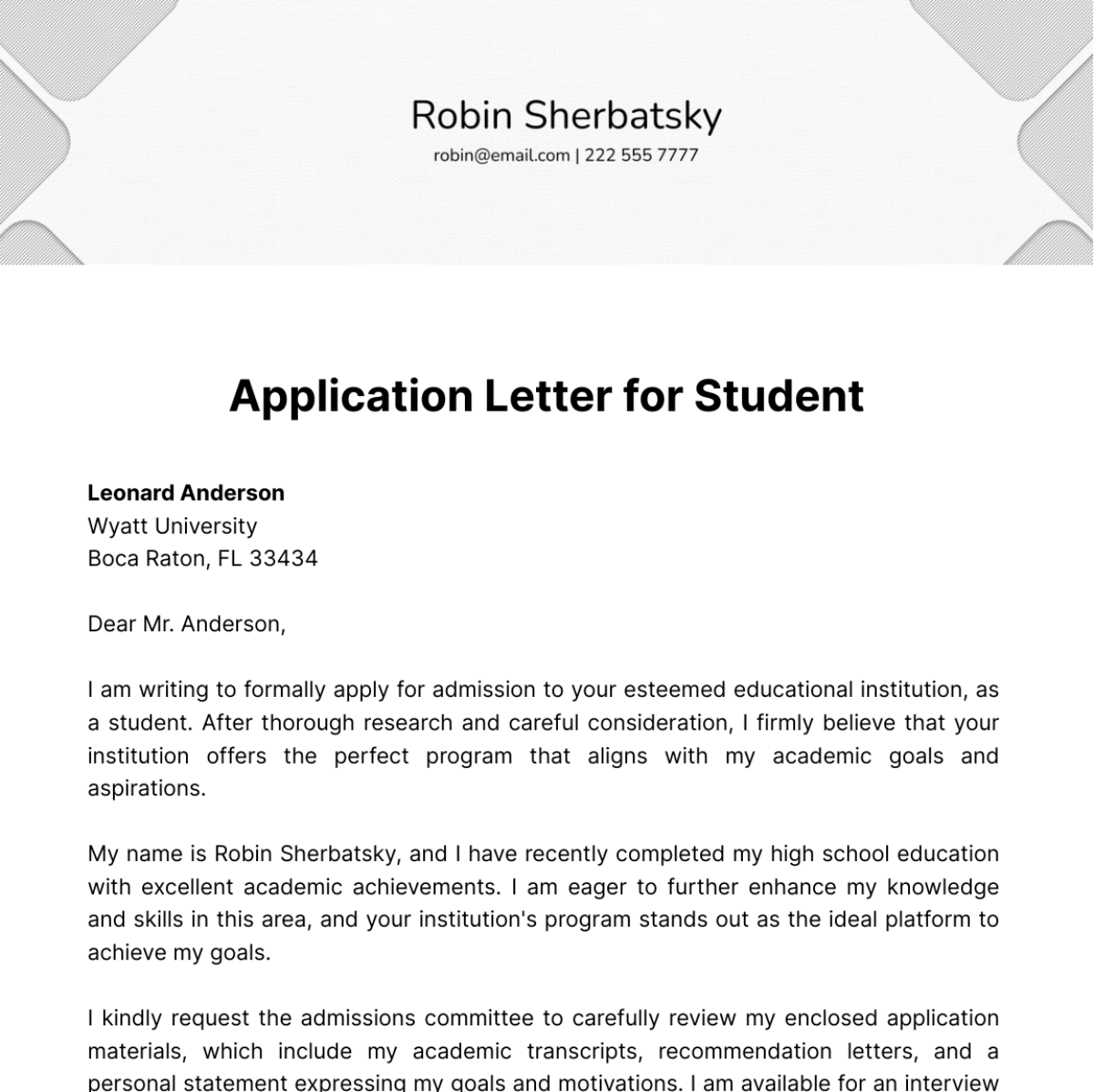 Free Application Letter for Student  Template