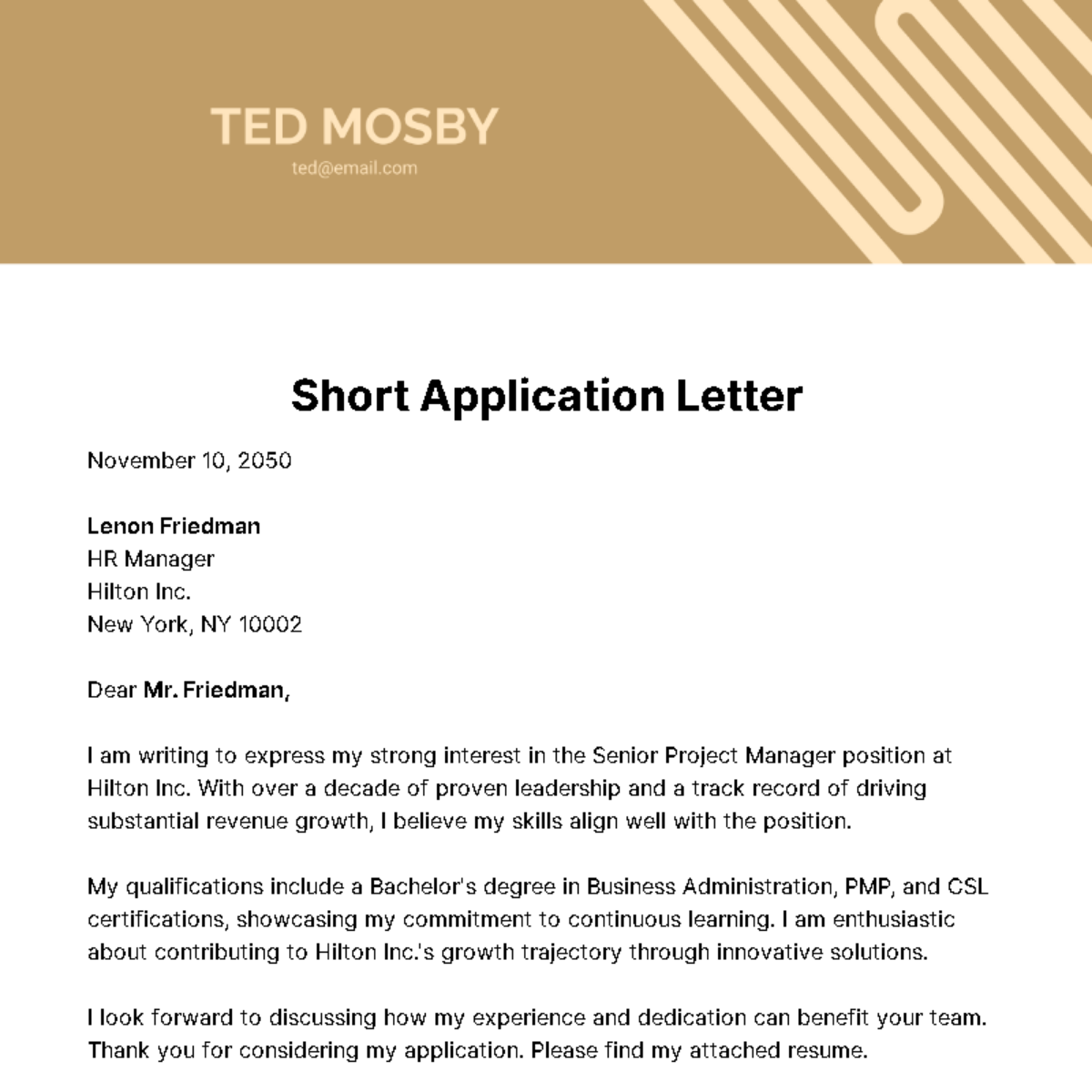 Free Short Application Letter  Template