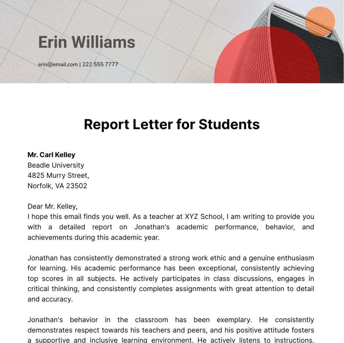 Report Letter for Students  Template