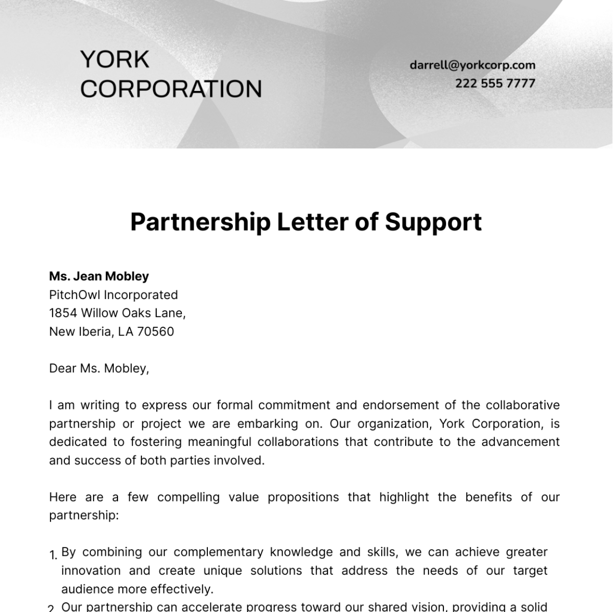 Free Partnership Letter of Support 