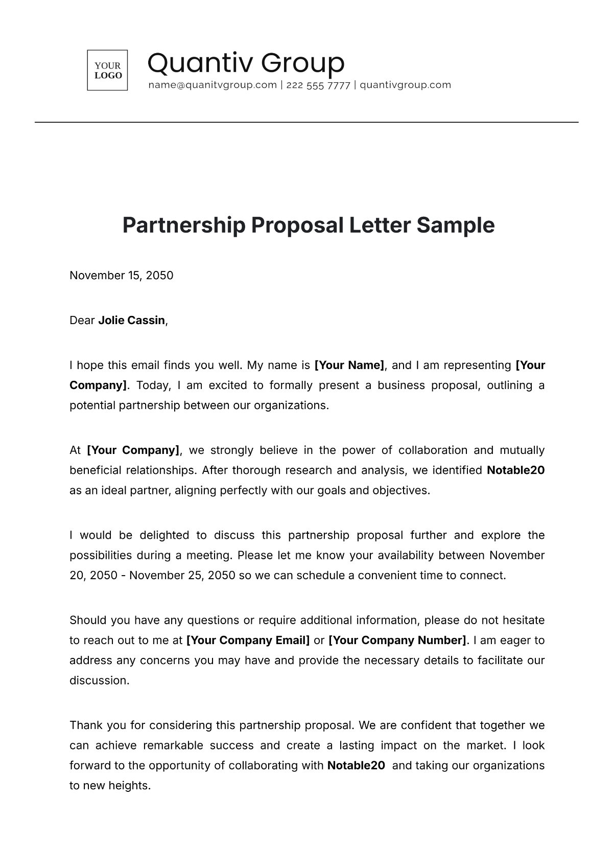 Partnership Proposal Letter Sample Template - Edit Online & Download