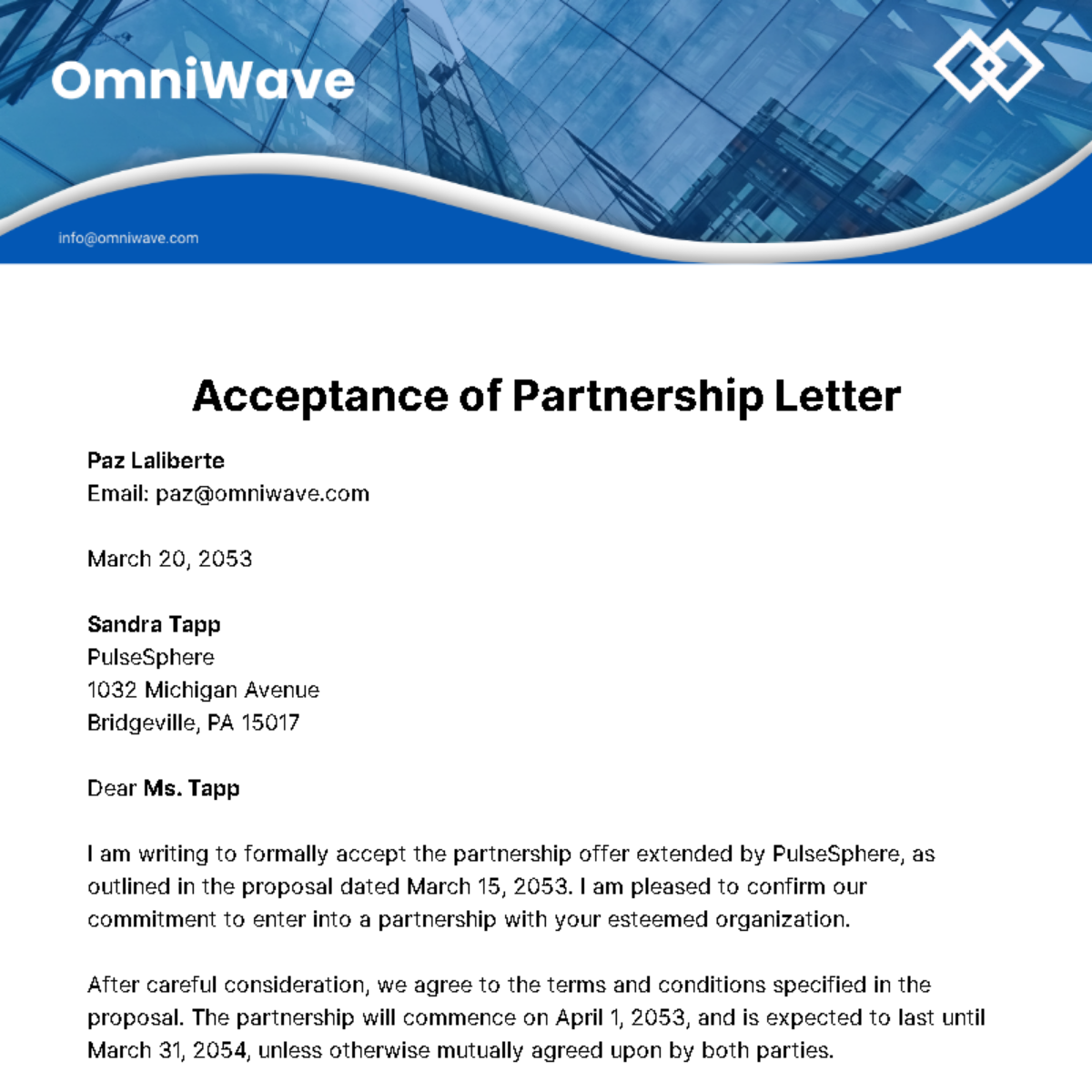 Free Acceptance of Partnership Letter