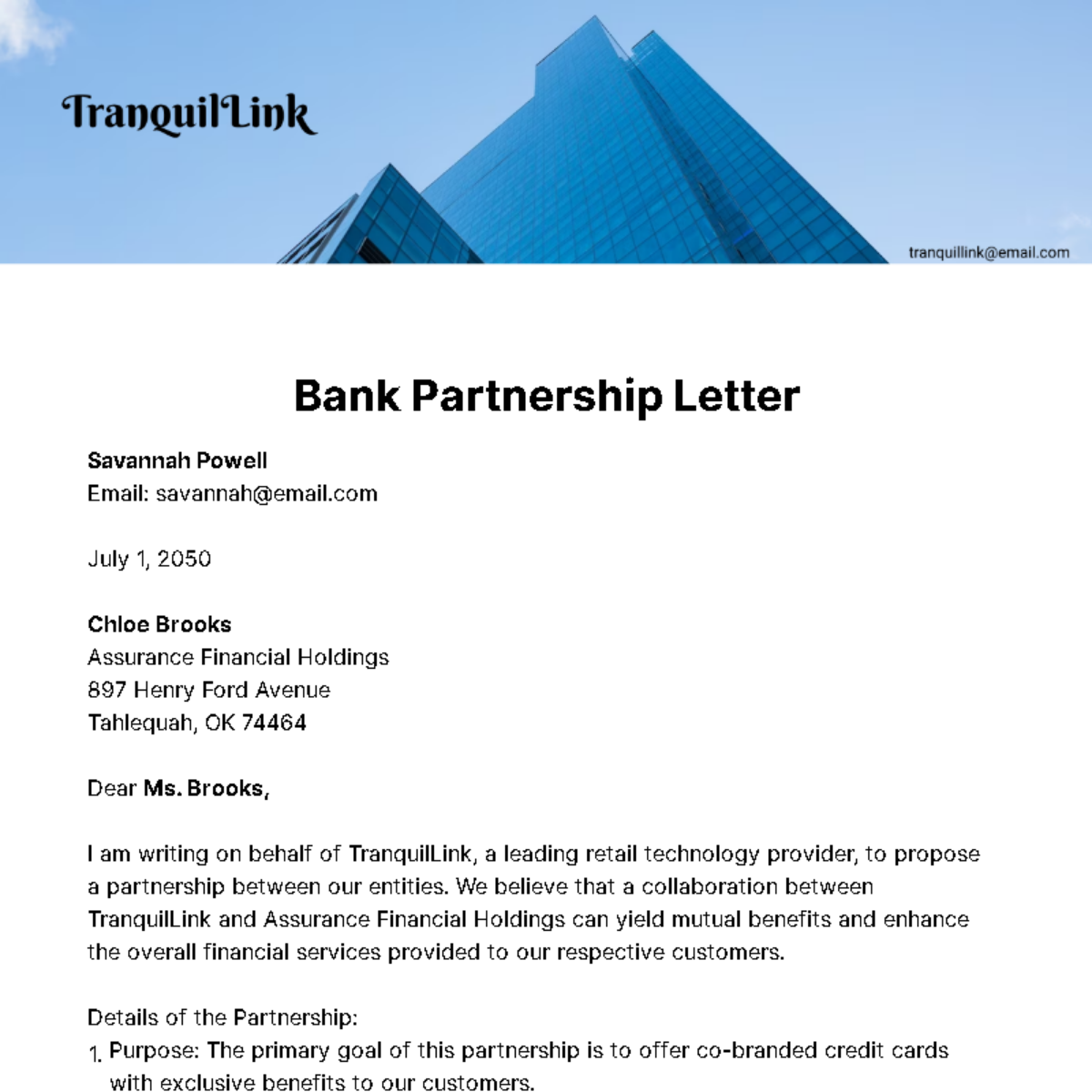 Free Bank Partnership Letter