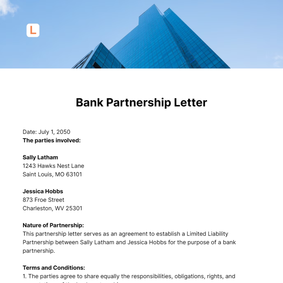 Free Bank Partnership Letter