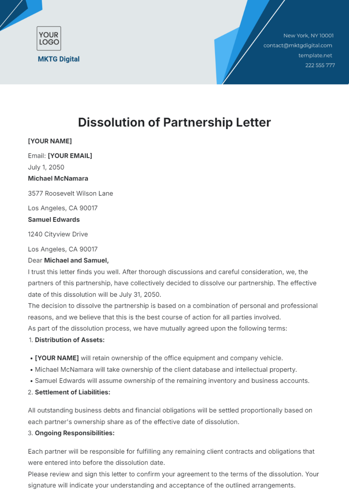 Dissolution of Partnership Letter Template - Edit Online & Download