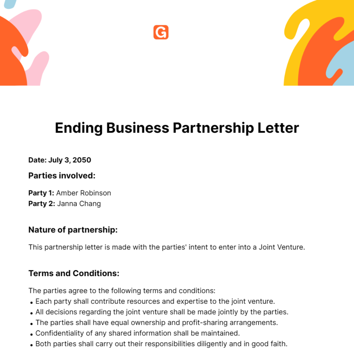 Free Ending Business Partnership Letter