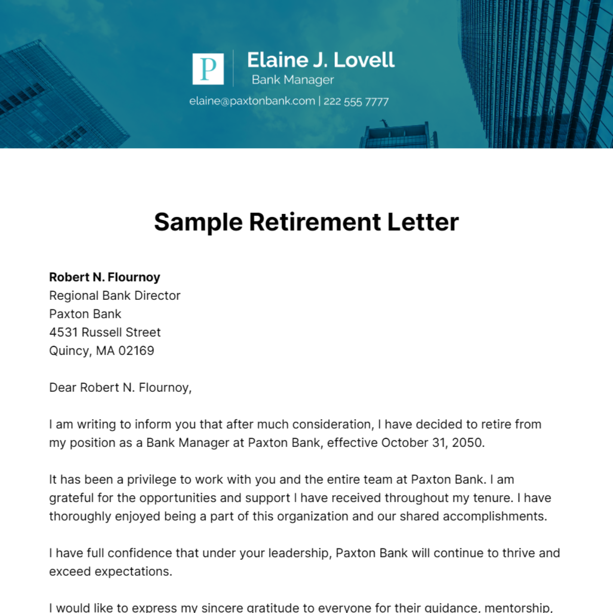 Free Sample Retirement Letter Template