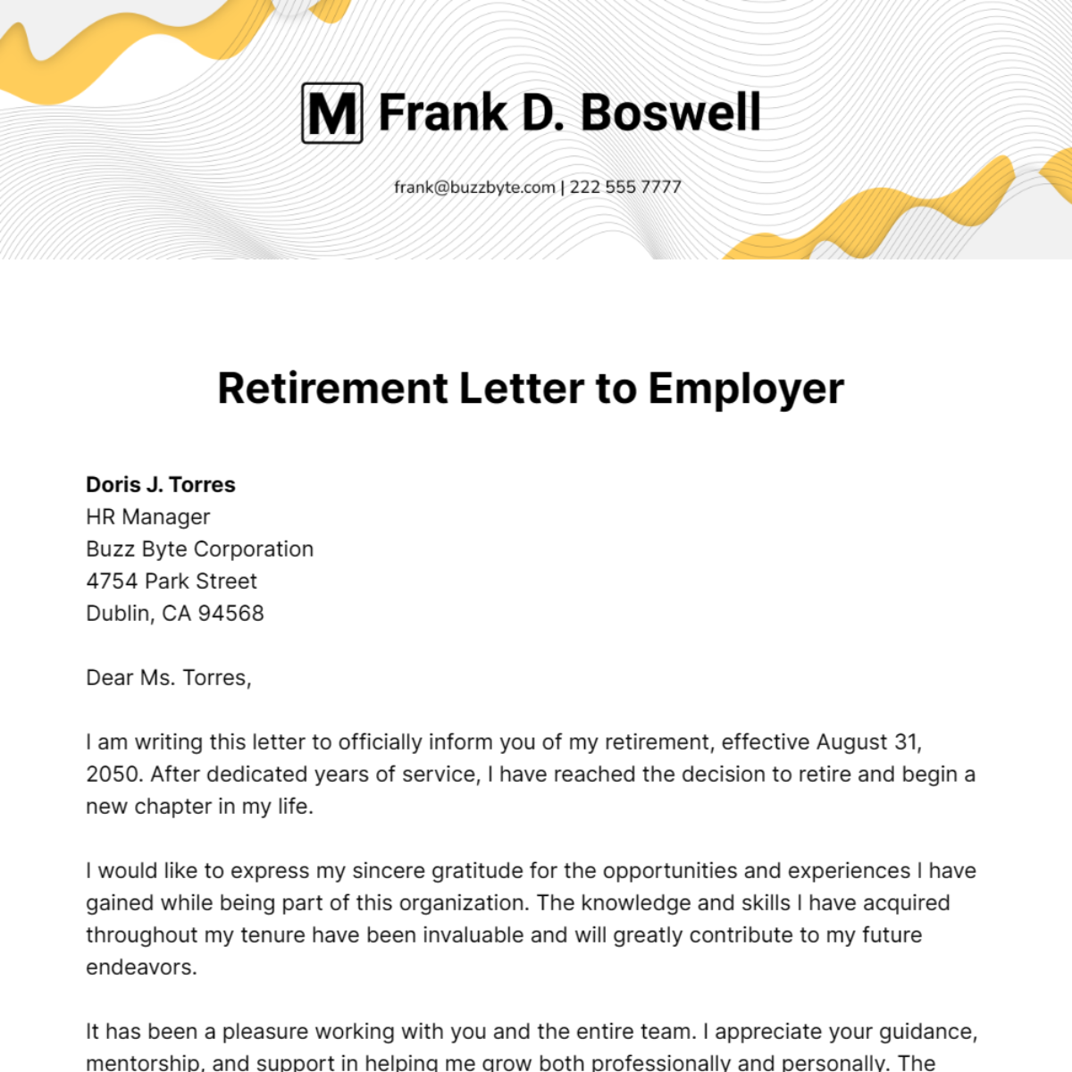 Free Retirement Letter to Employer Template