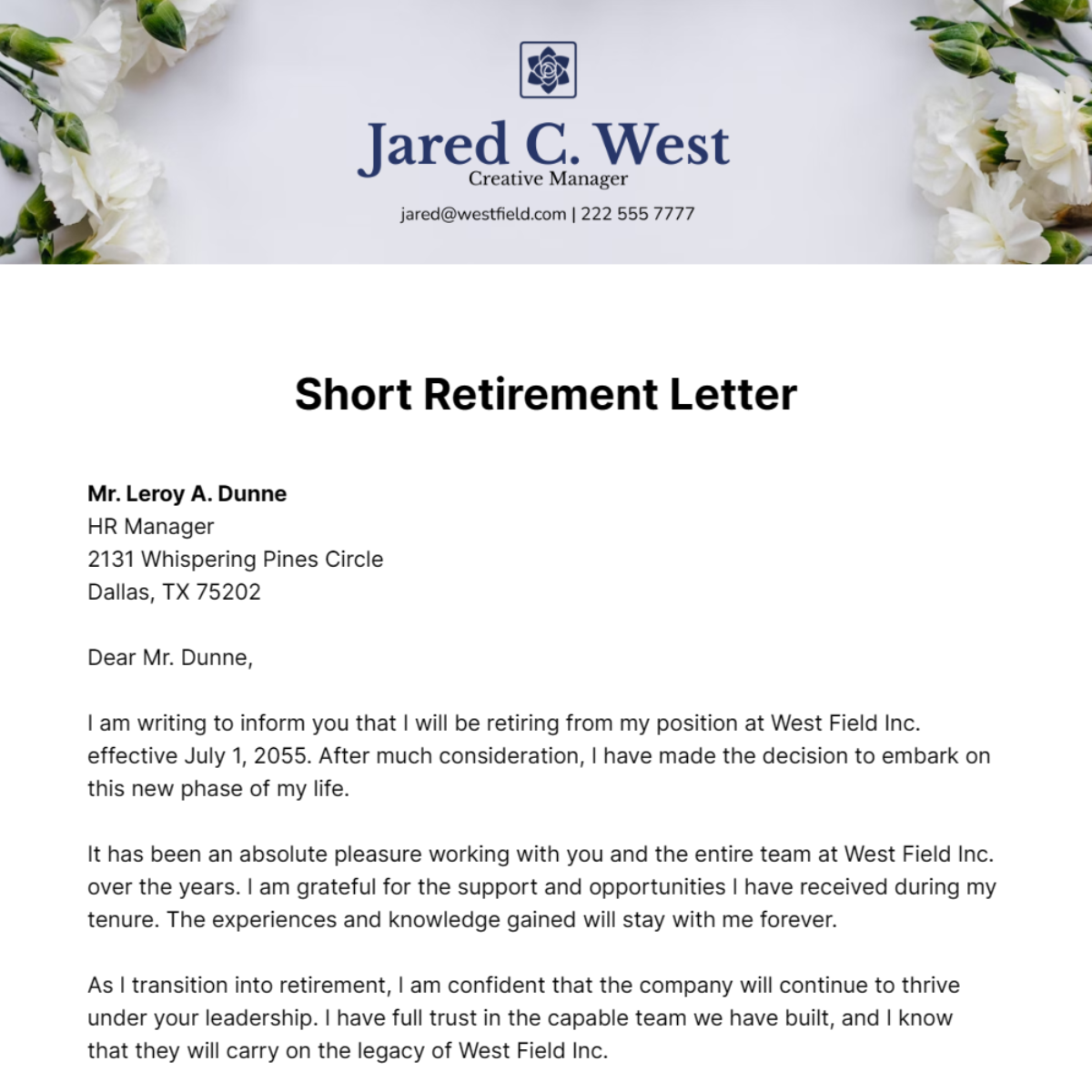 Free Short Retirement Letter Template