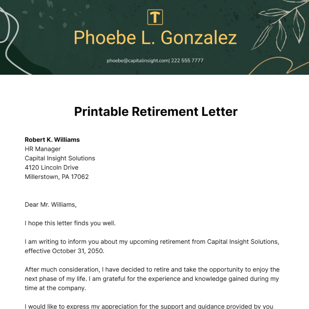 Free Printable Retirement Letter Template