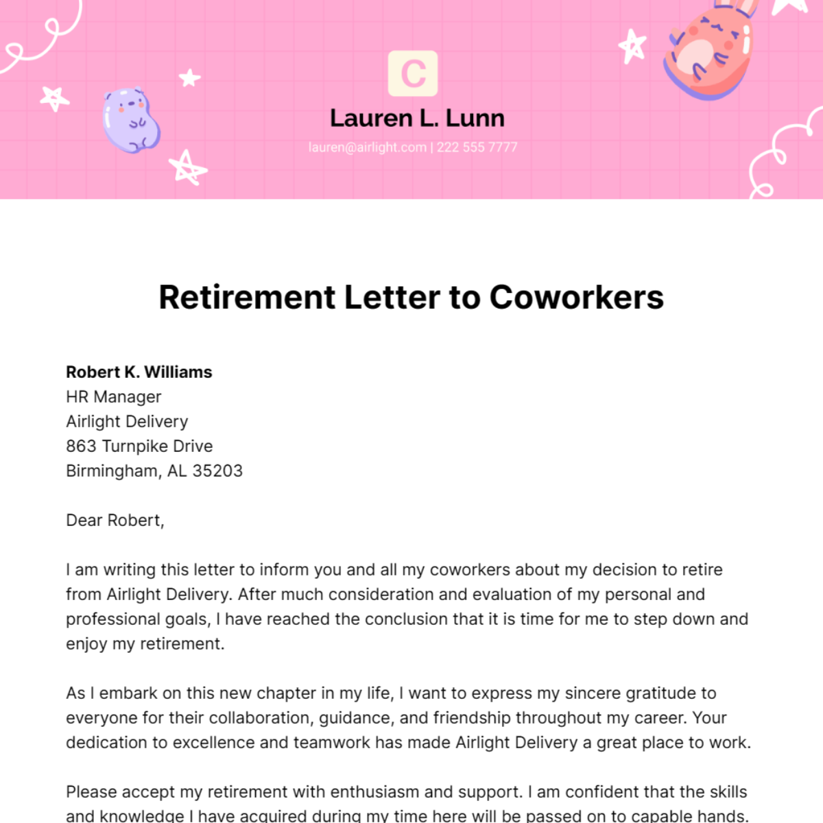 Retirement Letter to Coworkers Template