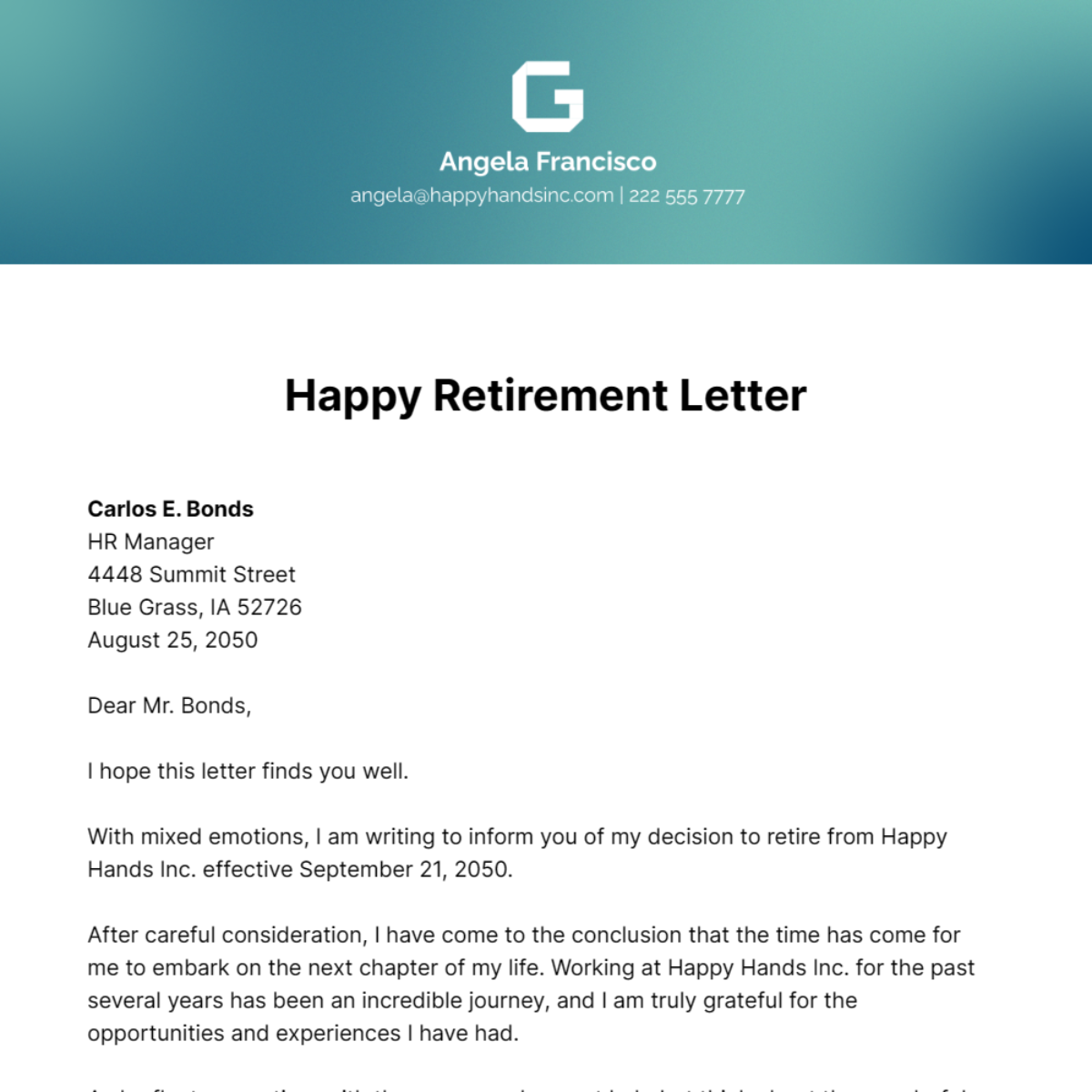 Free Happy Retirement Letter Template