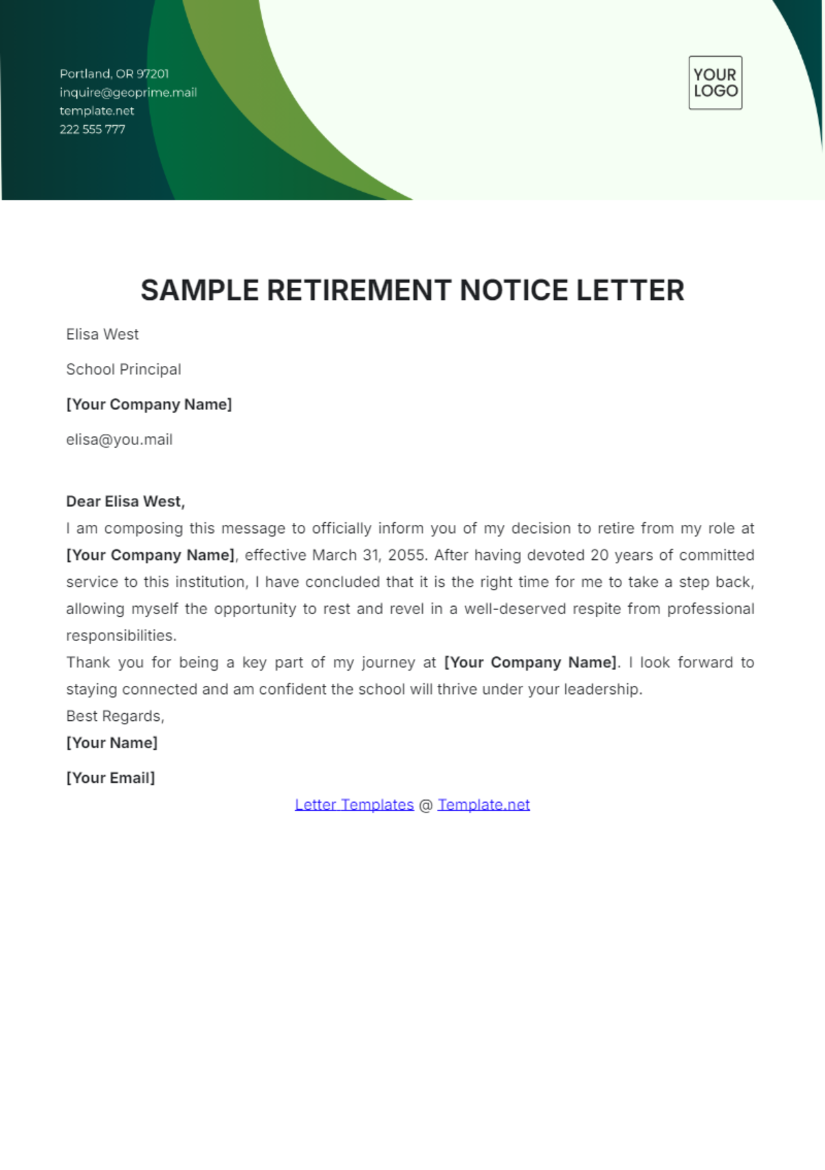 Sample Retirement Notice Letter Template - Edit Online & Download