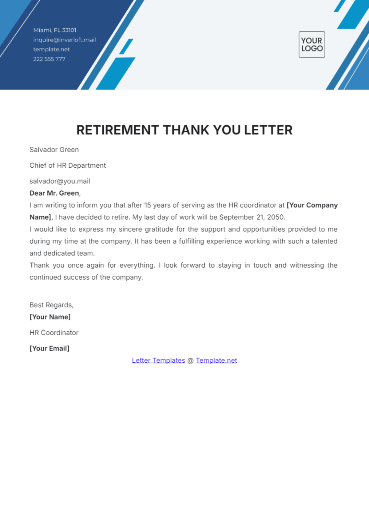 Retirement Thank You Letter Template - Edit Online & Download