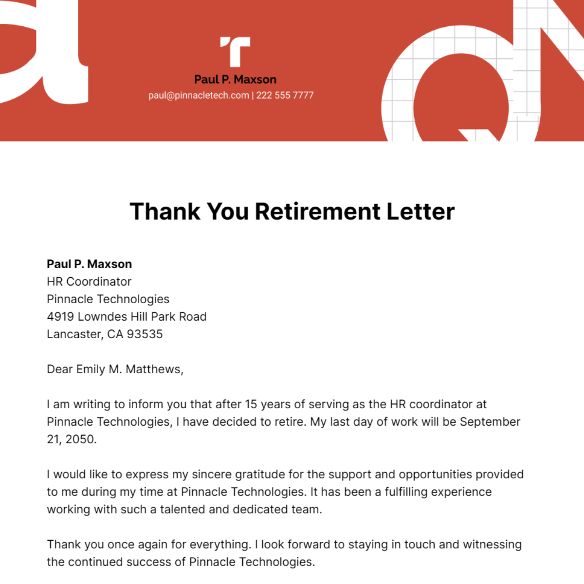 Free Thank you Retirement Letter Template