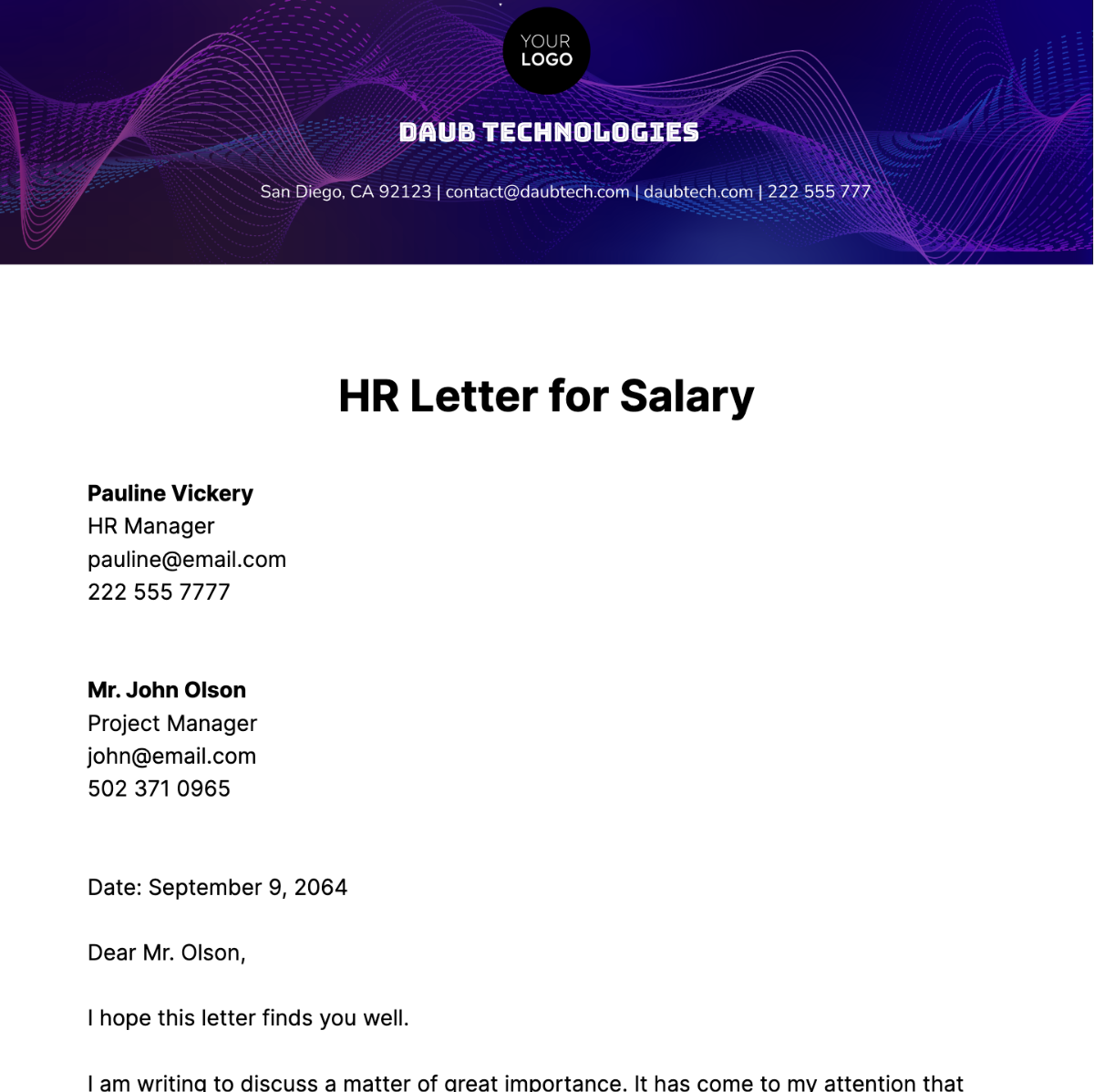 HR Letter for Salary Template