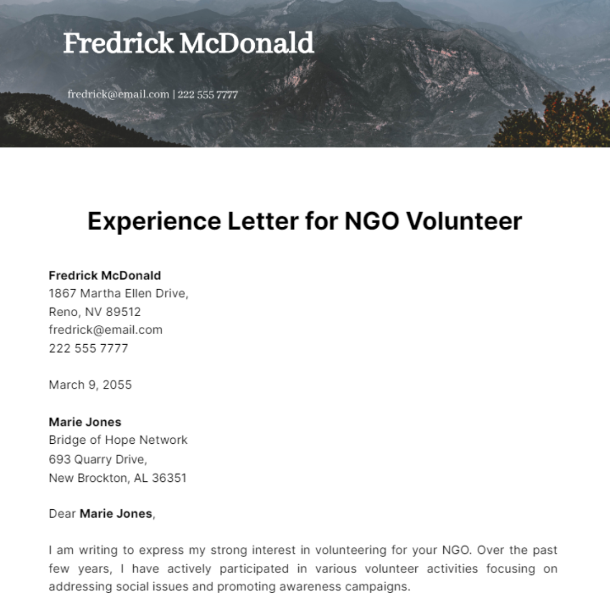 Free Experience Letter for NGO Volunteer Template