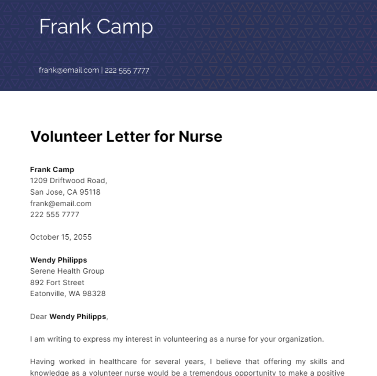 Free Volunteer Letter for Nurses Template