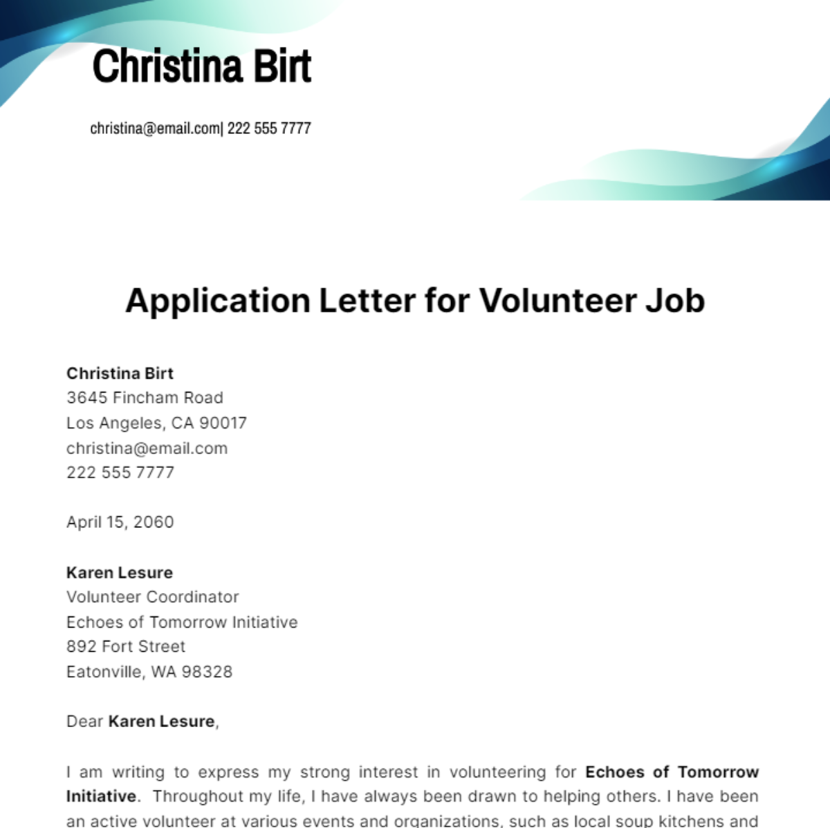 Free Application Letter for Volunteer Job Template