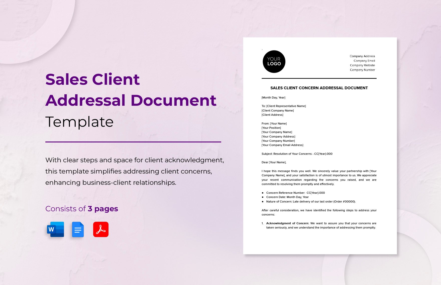 Sales Client Concern Addressal Document Template in Word, Google Docs, PDF