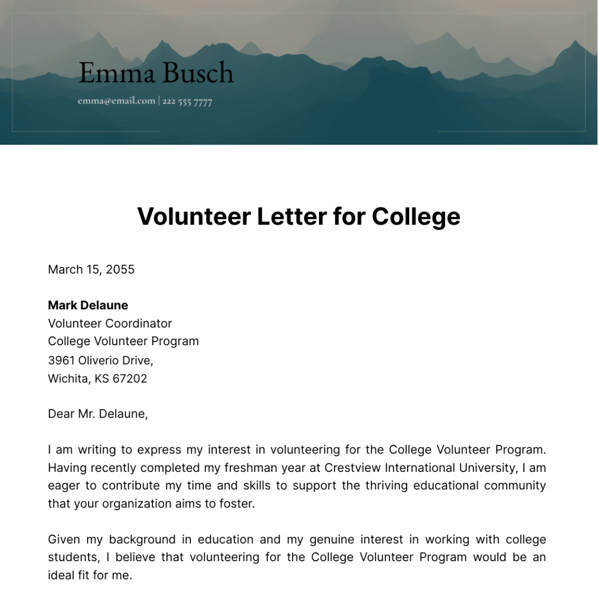 Free Volunteer Letter for College Template