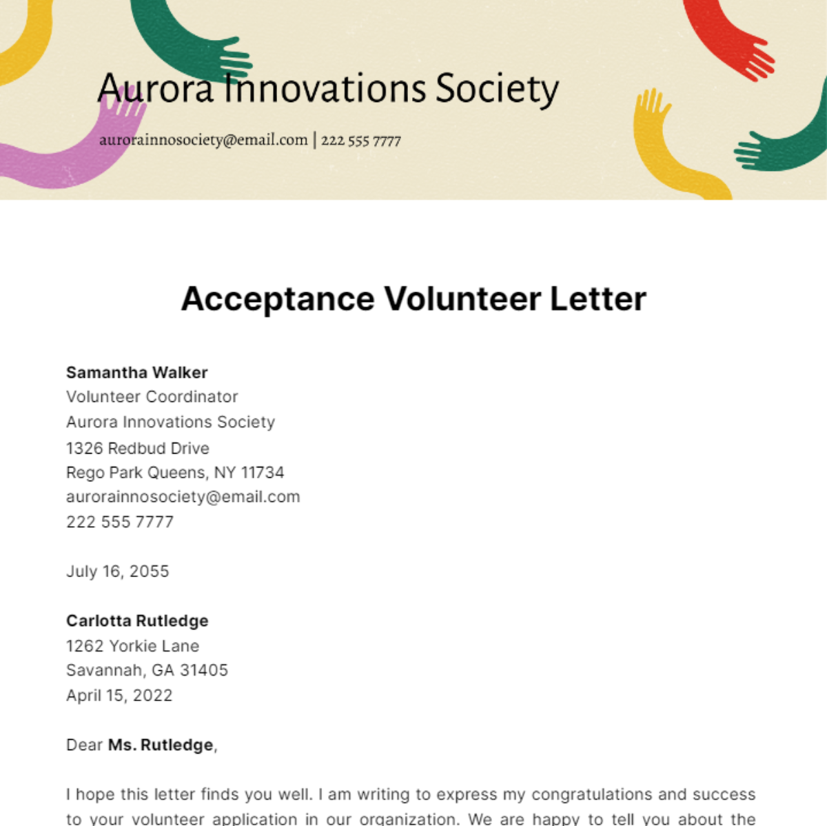 Free Acceptance Volunteer Letter Template