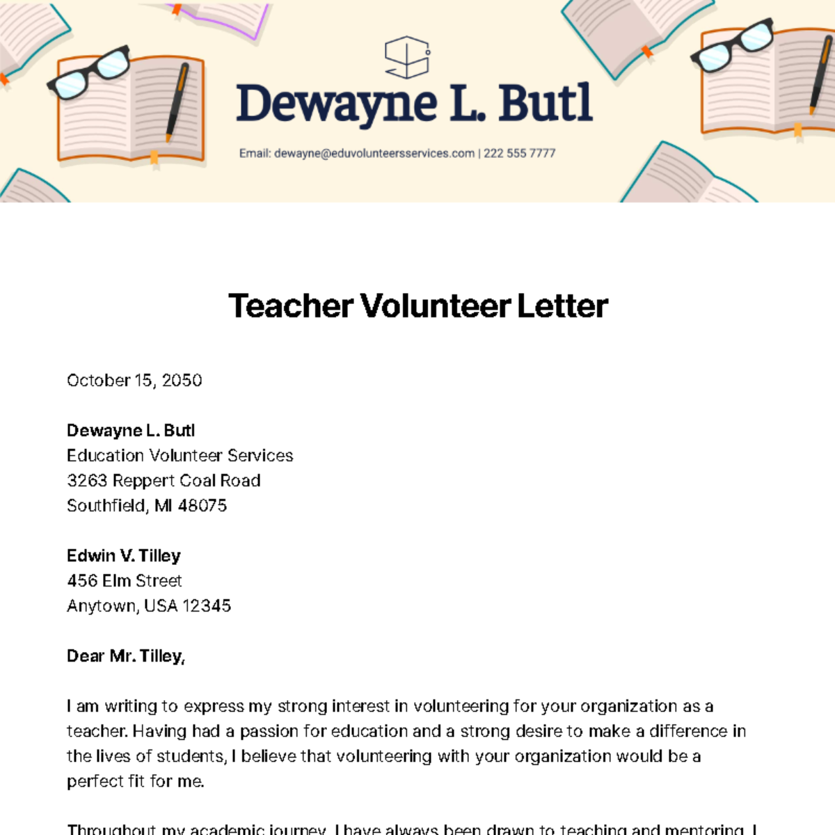 Teacher Volunteer Letter Template