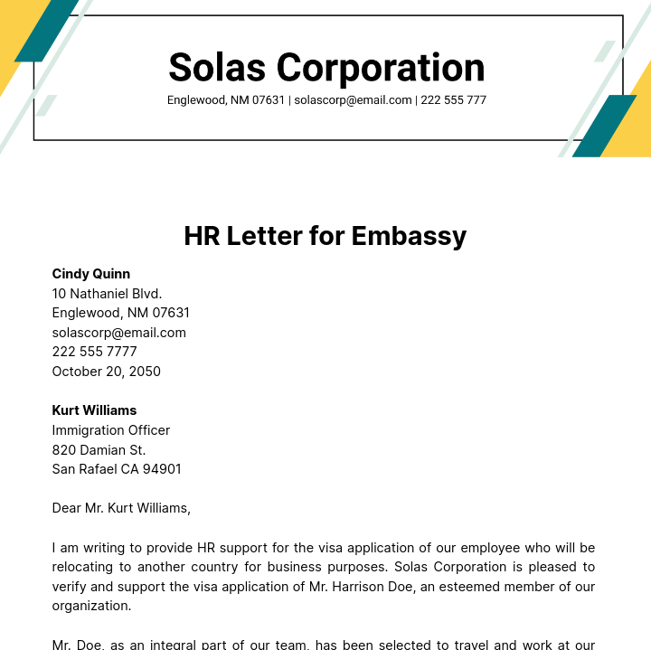 HR Letter for Embassy Template