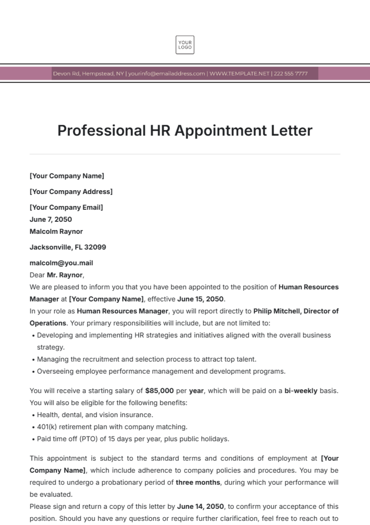 Professional HR Appointment Letter Template - Edit Online & Download