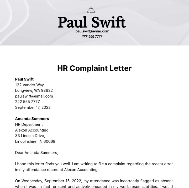 HR Complaint Letter Template