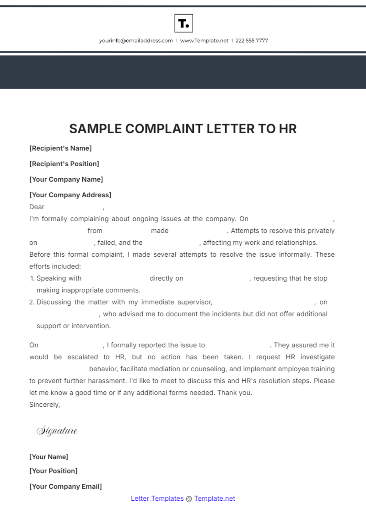 Sample Complaint Letter to HR Template - Edit Online & Download