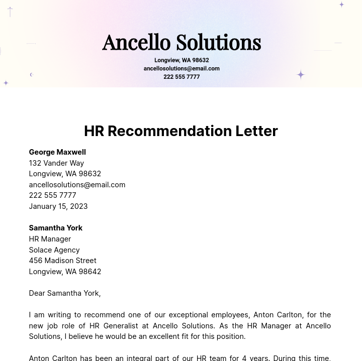 HR Recommendation Letter Template