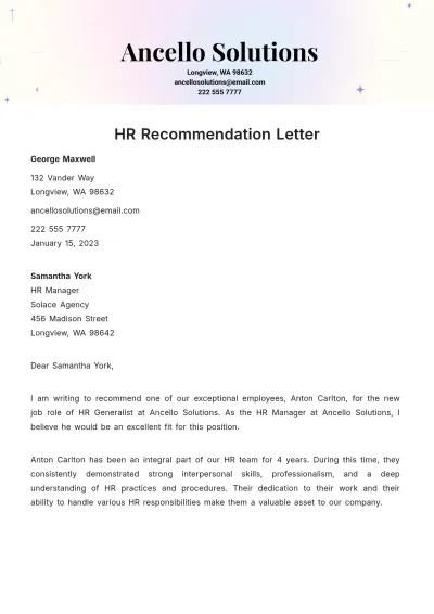 Free HR Recommendation Letter Template to Edit Online