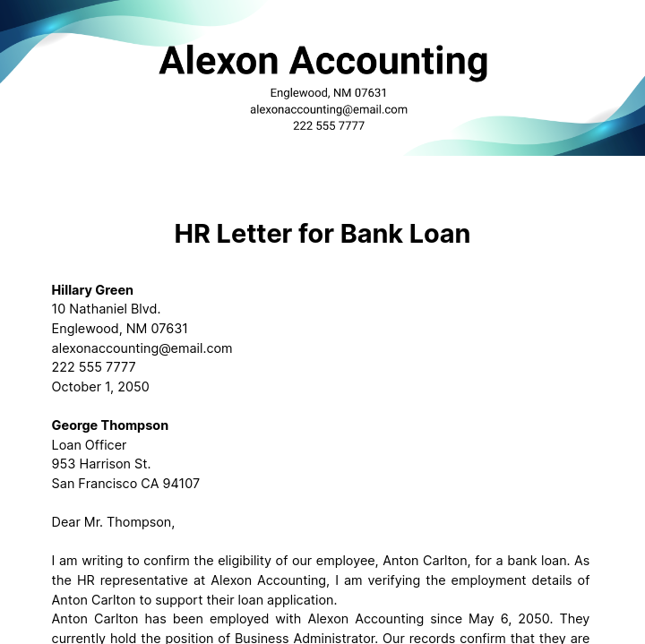 HR Letter for Bank Loan Template