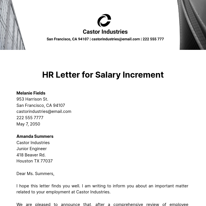 HR Letter for Salary Increment Template