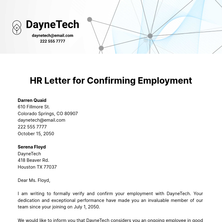HR Letter for Confirming Employment Template