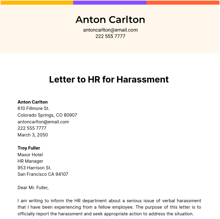 Letter to HR for Harassment Template