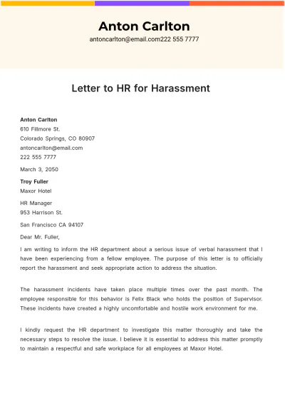 Free Letter to HR for Harassment Template to Edit Online