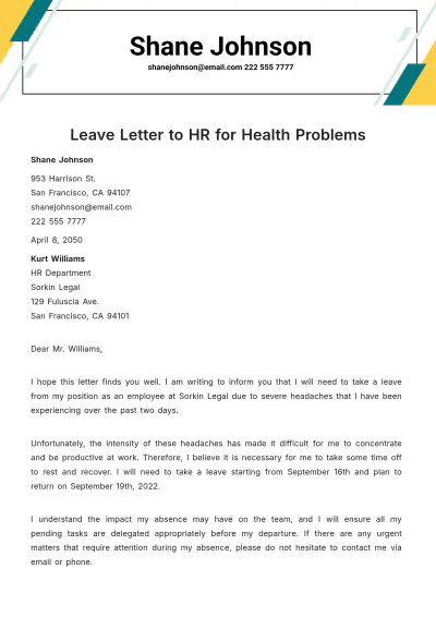 Free Leave Letter to HR for Health Problem Template to Edit Online