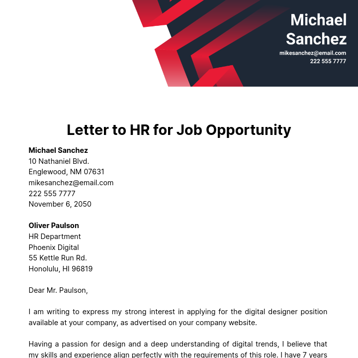 Letter to HR for Job Opportunity Template